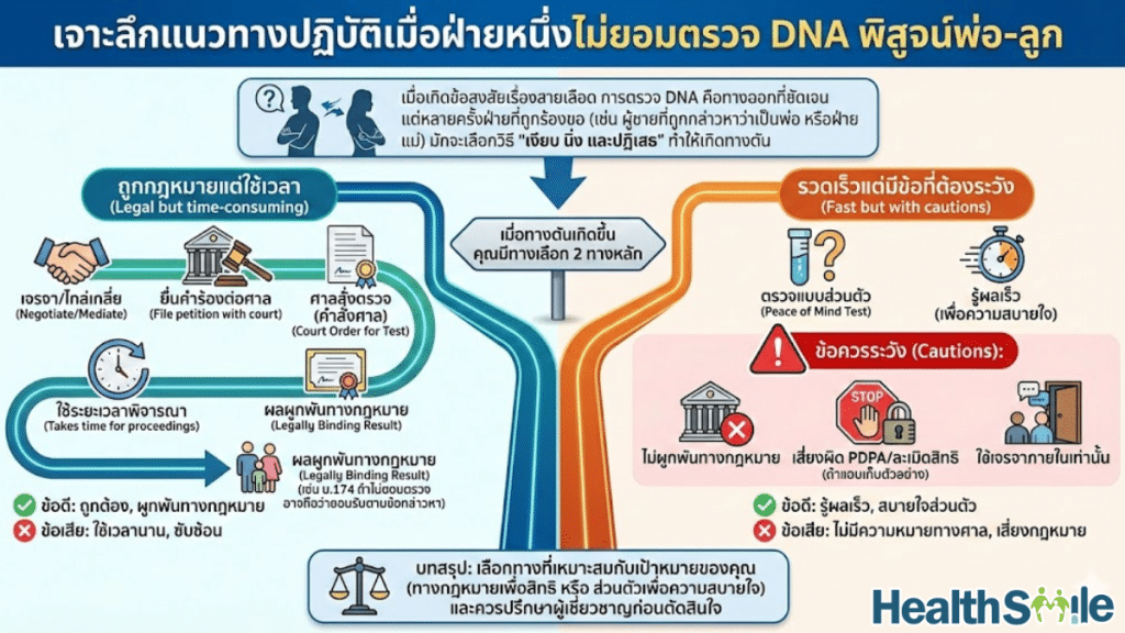 เจาะลึกแนวทางปฏิบัติเมื่อฝ่ายหนึ่งไม่ยอมตรวจ DNA พิสูจน์พ่อ-ลูกเมื่อทางตันเกิดขึ้น คุณมีทางเลือก 2 ทางหลัก - ถูกกฎหมายแต่ใช้เวลา - รวดเร็วแต่มีข้อที่ต้องระวัง